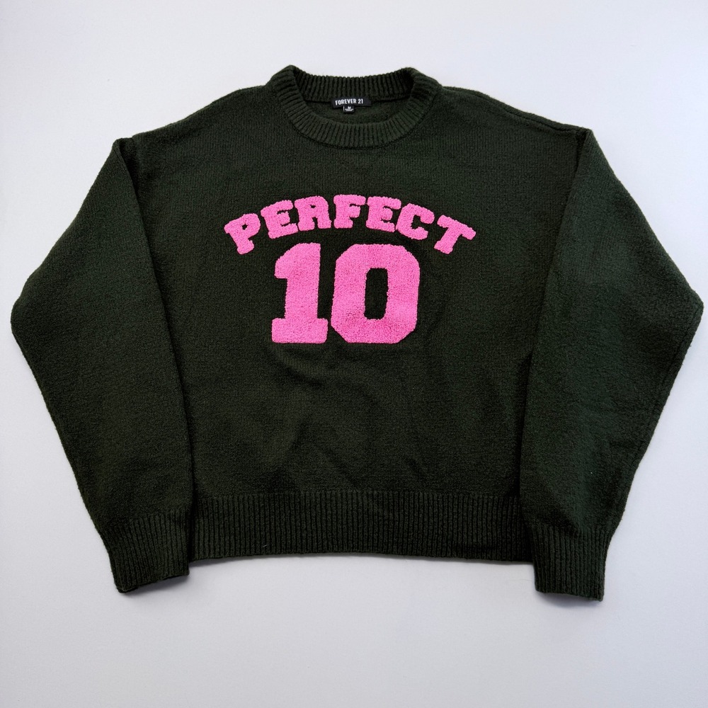 Forever 21 Perfect 10 Graphic Knit Sweater Forest Green Pink Medium